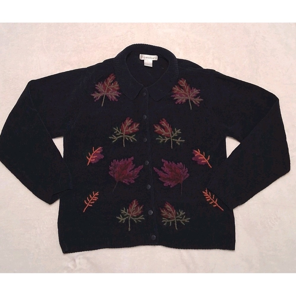 Vintage 90s Dressbarn Fall Leaf Cardigan Sweater L Navy Blue Autumn Cottagecore